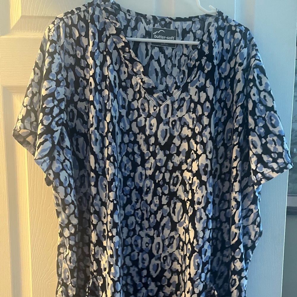 Blue Leopard Print Scrub Top